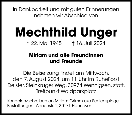 Traueranzeige von Mechthild Unger von Hannoversche Allgemeine Zeitung/Neue Presse