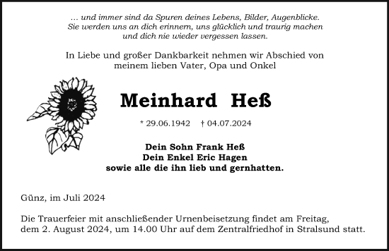 Traueranzeige von Meinhard Heß von Ostsee-Zeitung GmbH