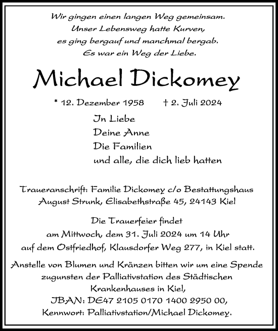 Traueranzeige von Michael Dickomey von Kieler Nachrichten