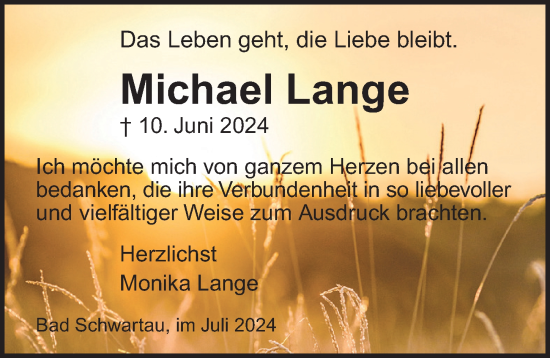 Traueranzeige von Michael Lange von Lübecker Nachrichten