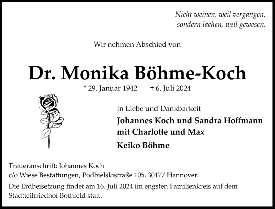 Traueranzeige von Monika Böhme-Koch von Hannoversche Allgemeine Zeitung/Neue Presse