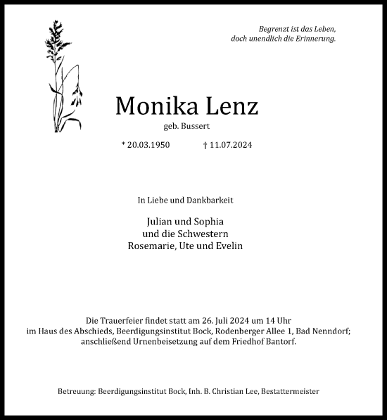 Traueranzeige von Monika Lenz von Hannoversche Allgemeine Zeitung/Neue Presse