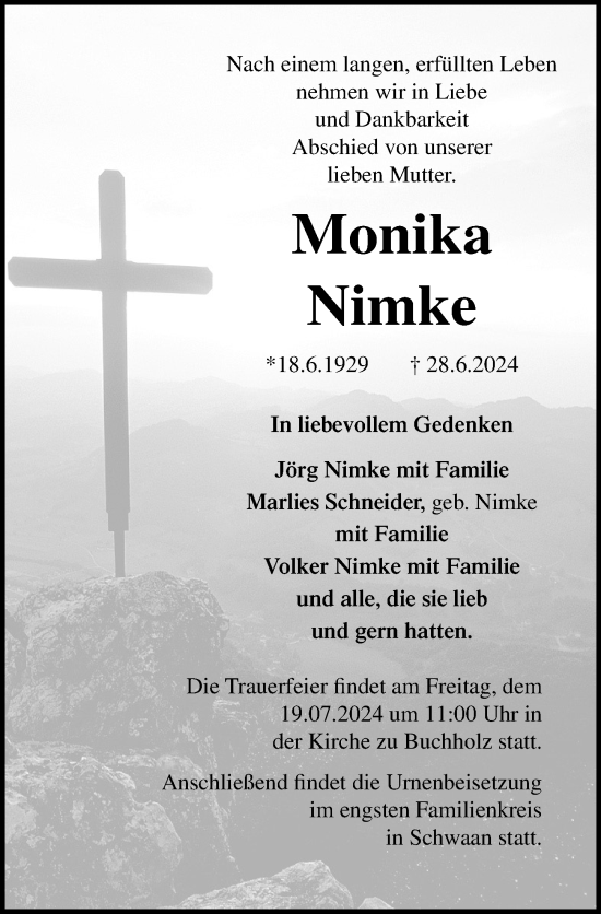 Traueranzeige von Monika Nimke von Ostsee-Zeitung GmbH