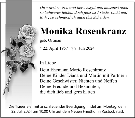Traueranzeige von Monika Rosenkranz von Ostsee-Zeitung GmbH
