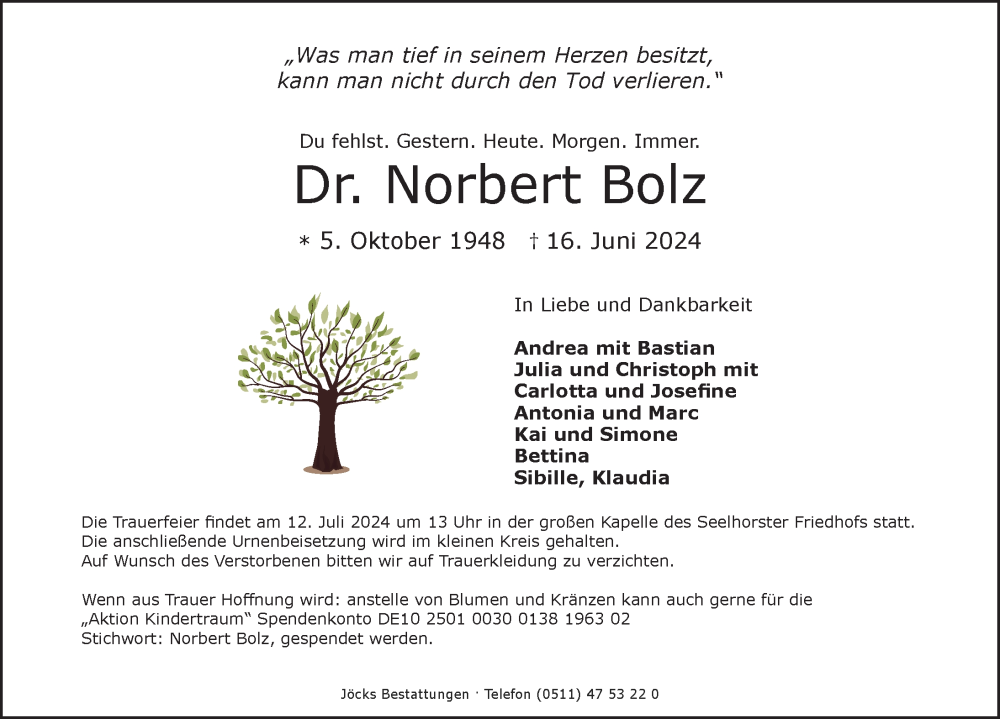  Traueranzeige für Norbert Bolz vom 06.07.2024 aus Hannoversche Allgemeine Zeitung/Neue Presse