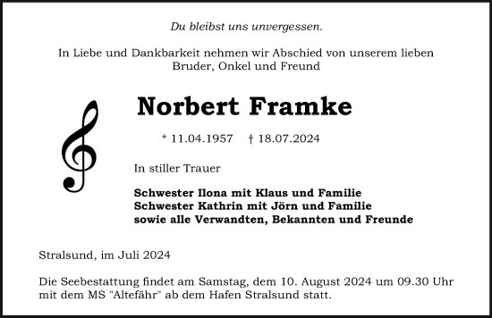 Traueranzeige von Norbert Framke von Ostsee-Zeitung GmbH