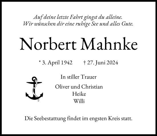 Traueranzeige von Norbert Mahnke von Kieler Nachrichten