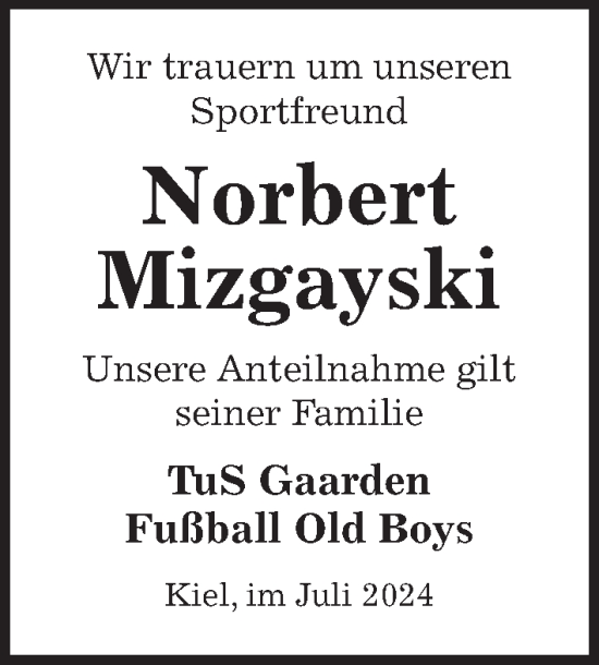 Traueranzeige von Norbert Mizgayski von Kieler Nachrichten