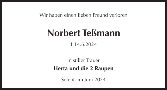 Traueranzeige von Norbert Teßmann von Kieler Nachrichten