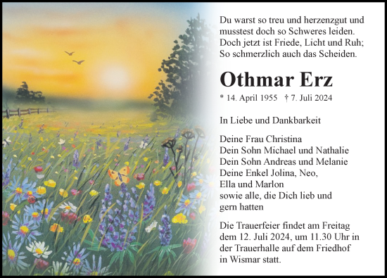 Traueranzeige von Othmar Erz von Ostsee-Zeitung GmbH