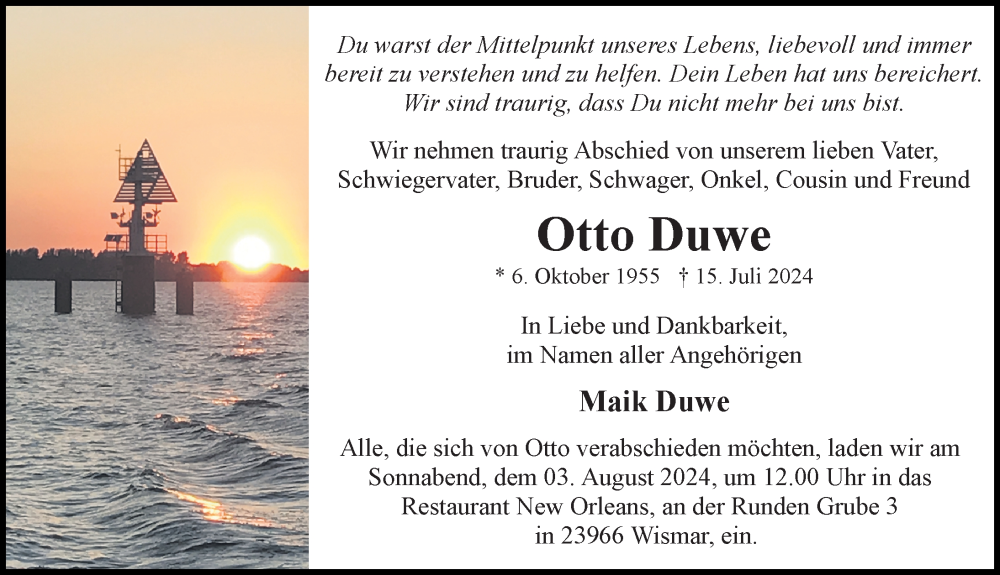  Traueranzeige für Otto Duwe vom 20.07.2024 aus Ostsee-Zeitung GmbH