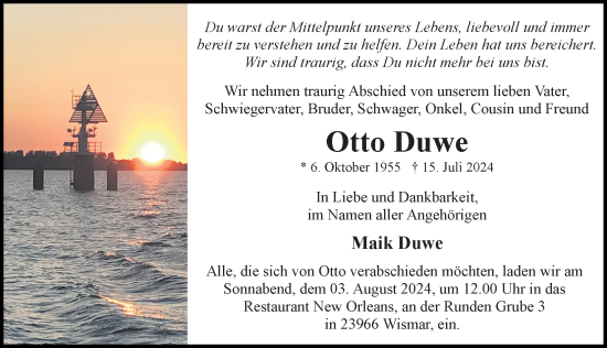 Traueranzeige von Otto Duwe von Ostsee-Zeitung GmbH