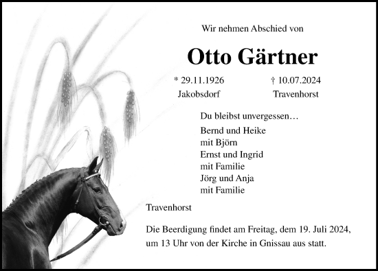 Traueranzeige von Otto Gärtner von Lübecker Nachrichten