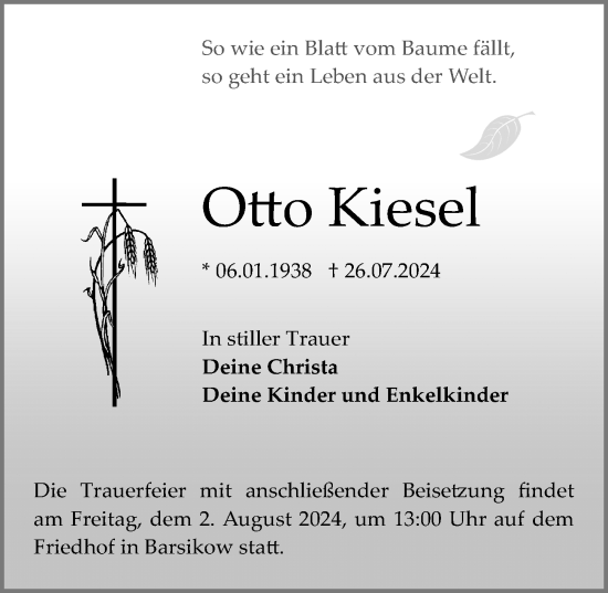 Traueranzeige von Otto Kiesel von Märkischen Allgemeine Zeitung