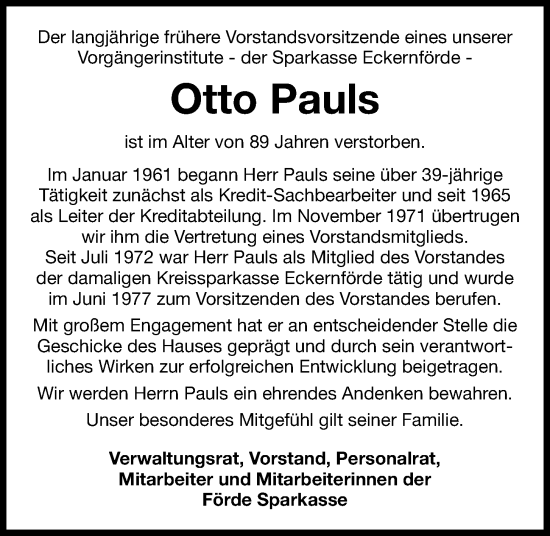 Traueranzeige von Otto Pauls von Kieler Nachrichten