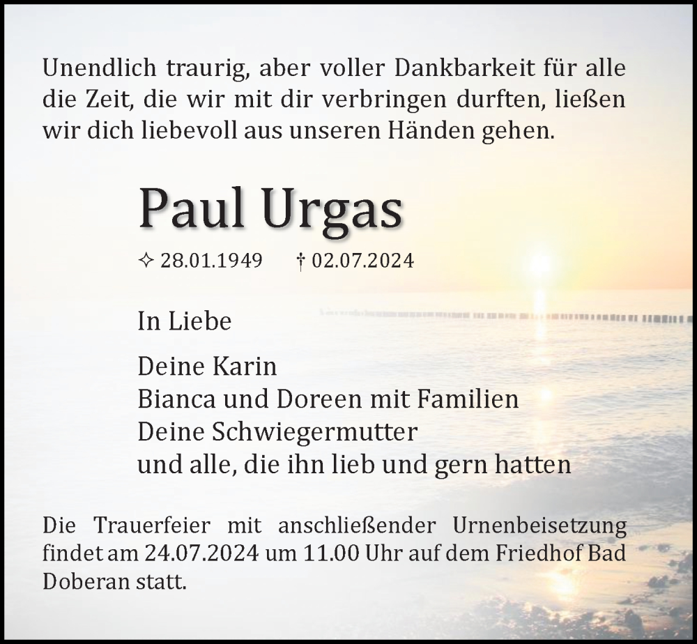  Traueranzeige für Paul Urgas vom 13.07.2024 aus Ostsee-Zeitung GmbH