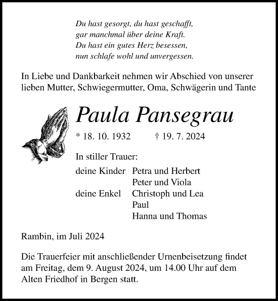 Traueranzeige von Paula Pansegrau von Ostsee-Zeitung GmbH
