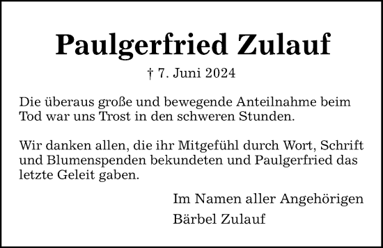 Traueranzeige von Paulgerfried Zulauf von Kieler Nachrichten