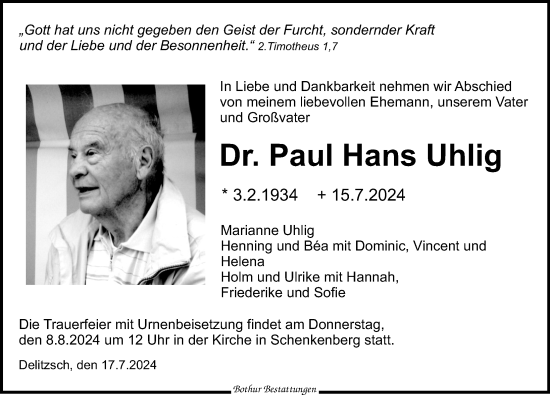 Traueranzeige von Paul Hans Uhlig von Leipziger Volkszeitung