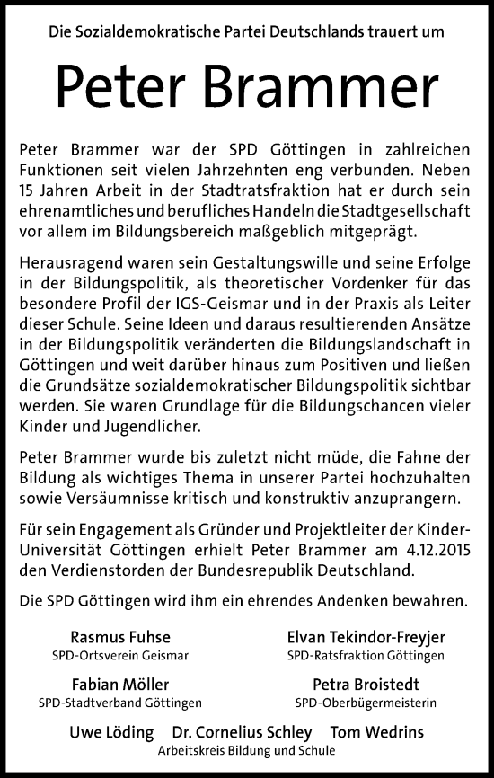 Traueranzeige von Peter Brammer von Göttinger Tageblatt