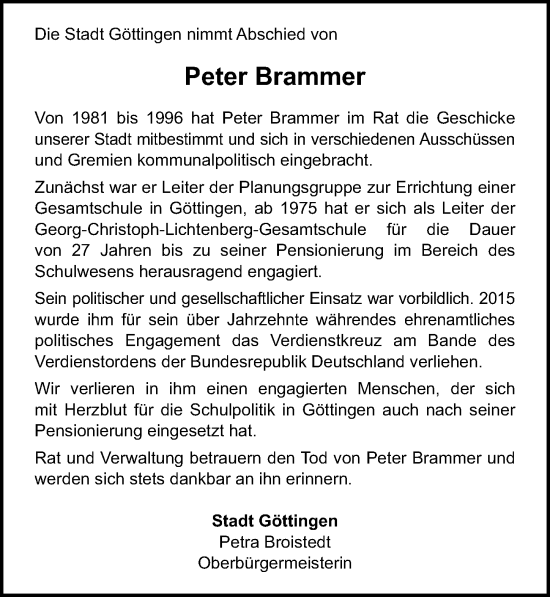 Traueranzeige von Peter Brammer von Göttinger Tageblatt
