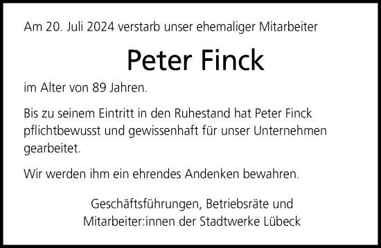 Traueranzeige von Peter Finck von Lübecker Nachrichten