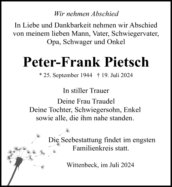 Traueranzeige von Peter-FRank Pietsch von Ostsee-Zeitung GmbH