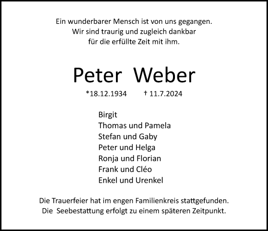 Traueranzeige von Peter Weber von Lübecker Nachrichten