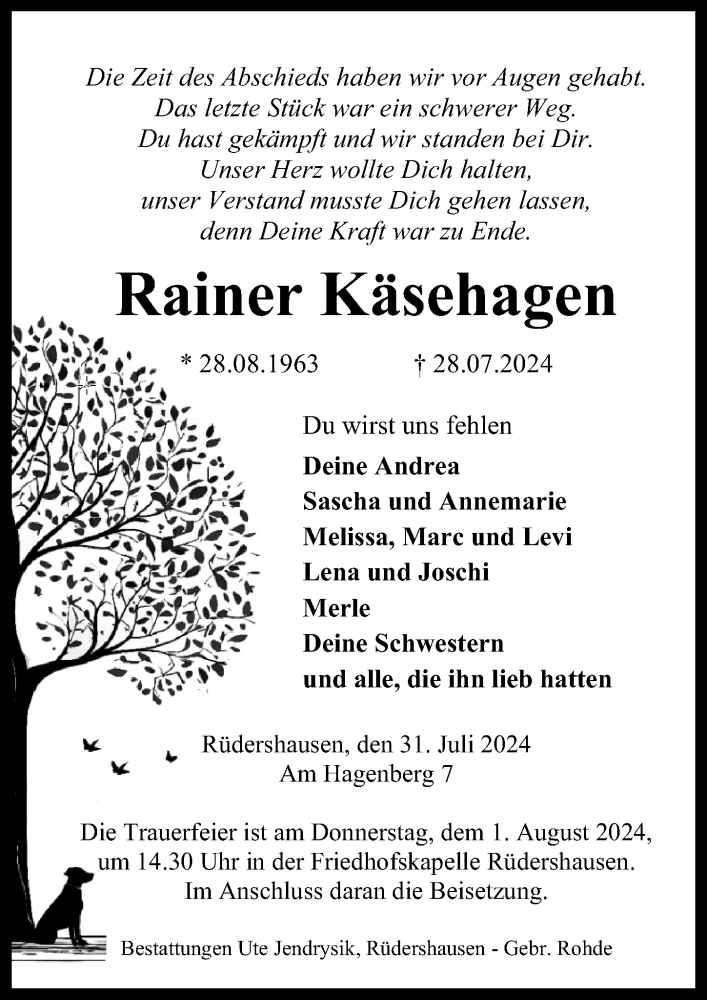  Traueranzeige für Rainer Käsehagen vom 31.07.2024 aus Göttinger Tageblatt