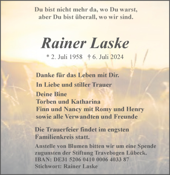 Traueranzeige von Rainer Laske von Lübecker Nachrichten