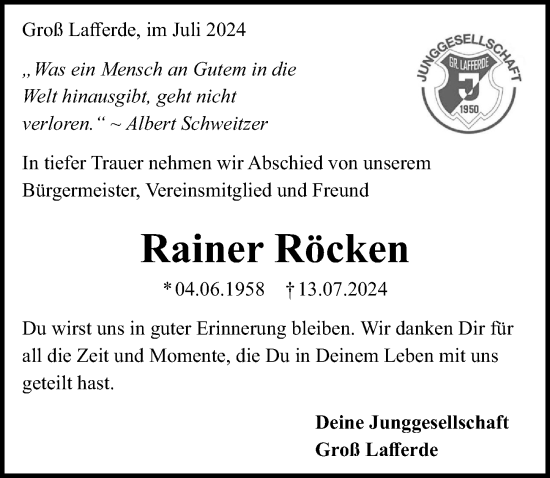 Traueranzeige von Rainer Röcken von Peiner Allgemeine Zeitung