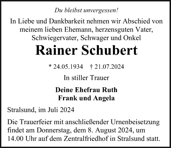 Traueranzeige von Rainer Schubert von Ostsee-Zeitung GmbH