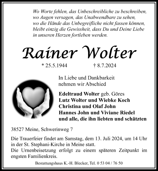 Traueranzeige von Rainer Wolter von Aller Zeitung