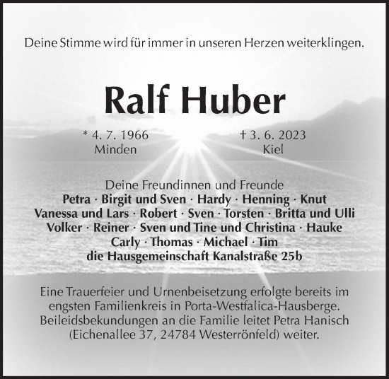 Traueranzeige von Ralf Huber von Kieler Nachrichten