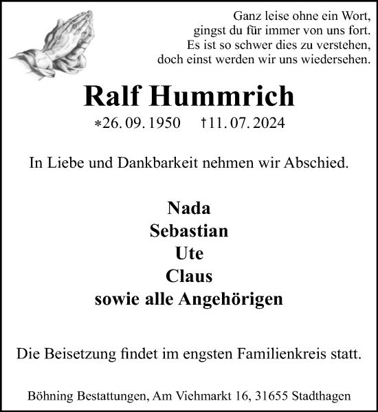 Traueranzeige von Ralf Hummrich von Schaumburger Nachrichten