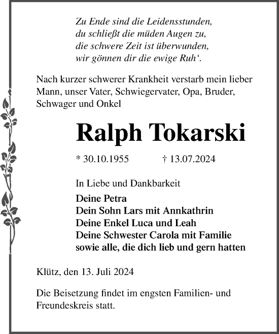 Traueranzeige von Ralph Tokarski von Ostsee-Zeitung GmbH