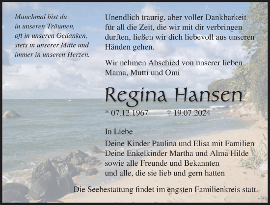 Traueranzeige von Regina Hansen von Ostsee-Zeitung GmbH