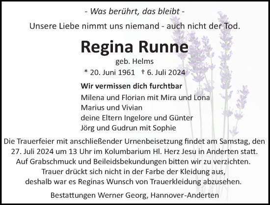 Traueranzeige von Regina Runne von Hannoversche Allgemeine Zeitung/Neue Presse