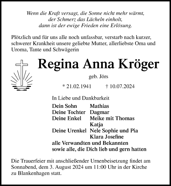 Traueranzeige von Regina Anna Kröger von Ostsee-Zeitung GmbH