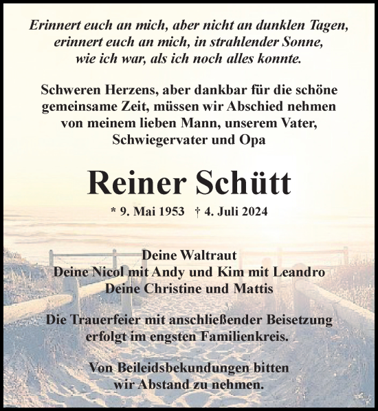 Traueranzeige von Reiner Schütt von Ostsee-Zeitung GmbH