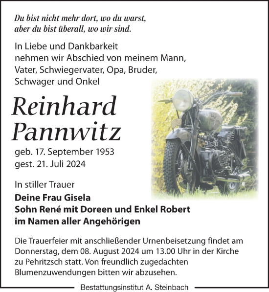 Traueranzeige von Reinhard Pannwitz von Leipziger Volkszeitung