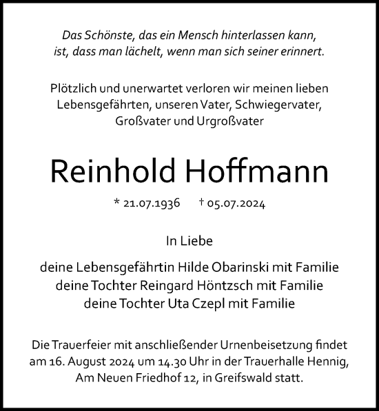 Traueranzeige von Reinhold Hoffmann von Ostsee-Zeitung GmbH