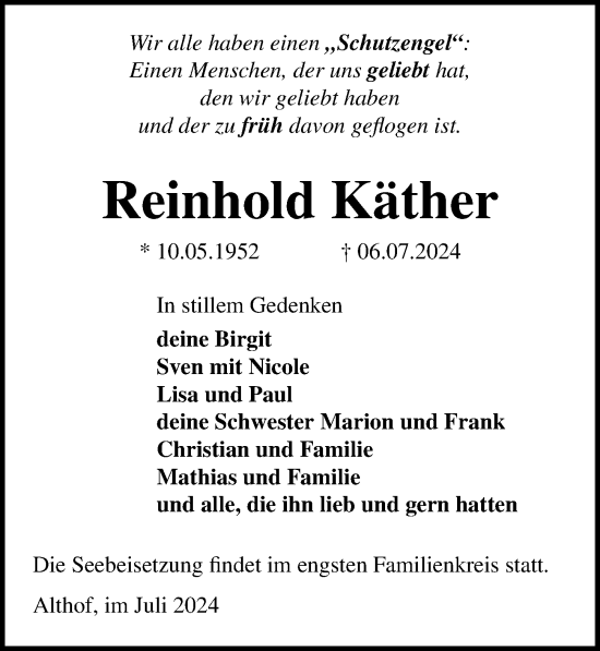 Traueranzeige von Reinhold Käther von Ostsee-Zeitung GmbH