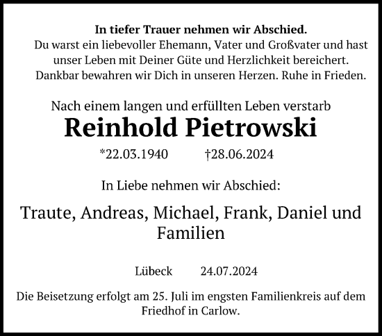 Traueranzeige von Reinhold Piotrowski von Lübecker Nachrichten