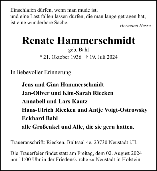 Traueranzeige von Renate Hammerschmidt von Lübecker Nachrichten
