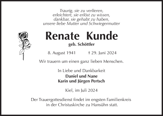 Traueranzeige von Renate Kunde von Kieler Nachrichten