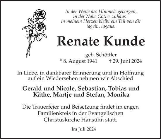 Traueranzeige von Renate Kunde von Kieler Nachrichten