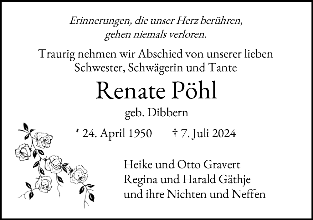  Traueranzeige für Renate Pöhl vom 13.07.2024 aus Kieler Nachrichten