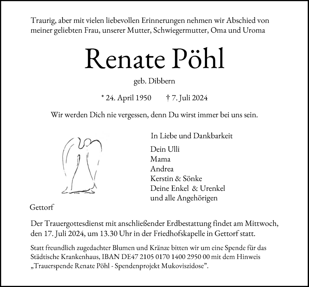  Traueranzeige für Renate Pöhl vom 13.07.2024 aus Kieler Nachrichten