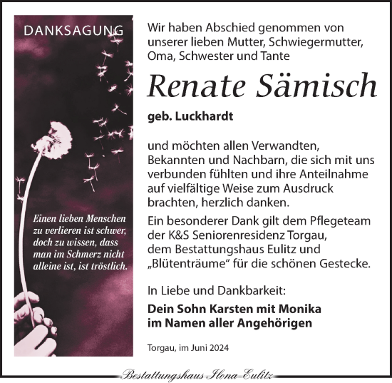 Traueranzeige von Renate Sämisch von Torgauer Zeitung